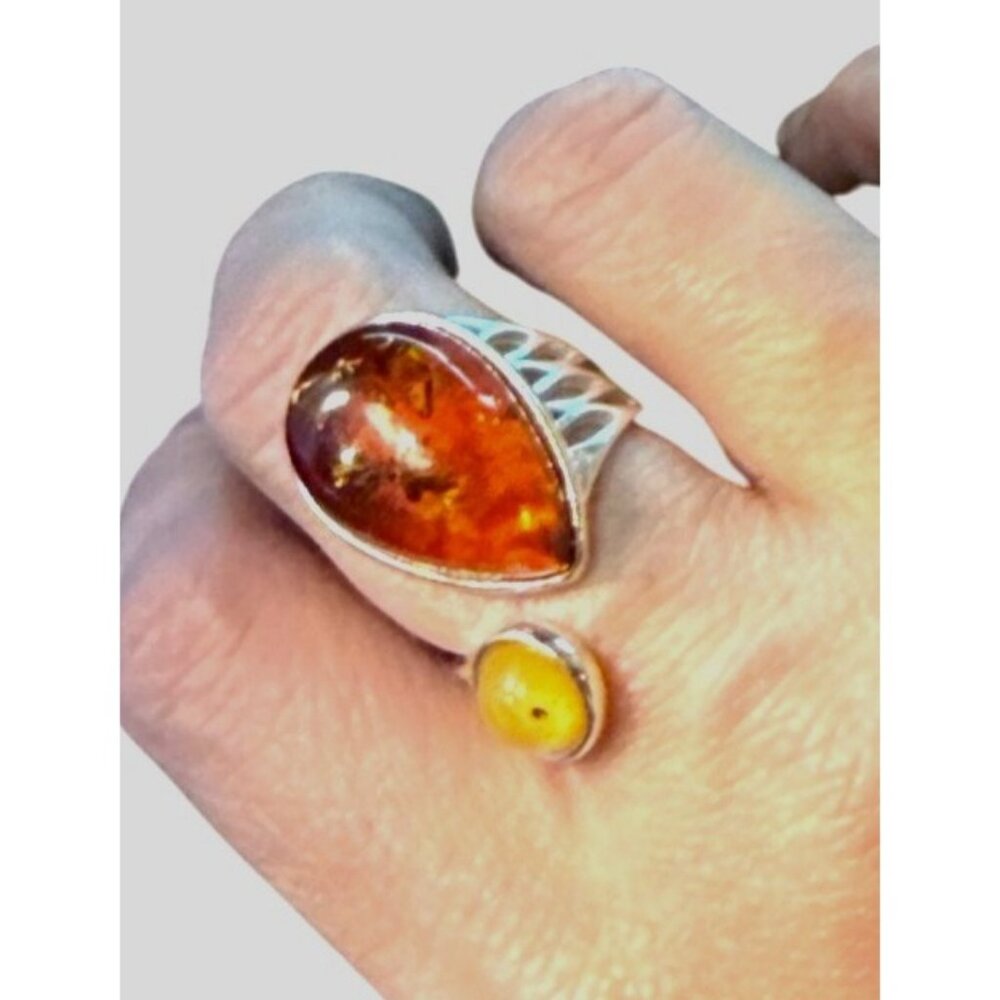 New Two Stone Baltic Amber Sterling Silver Adjustable Ring Unisex and Unique!
